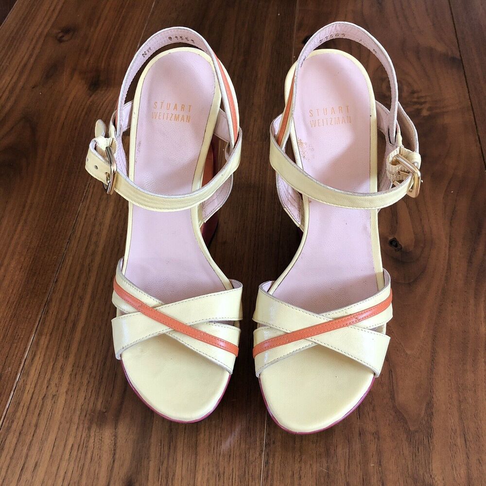 Stuart Weitzman Cut-Out Pink Yellow Color Block Wedge Platform Sandals 7.5M - Picture 3 of 11